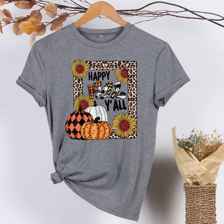 Happy Fall Y'all Leopard Pumpkin Flower T-Shirt-597975