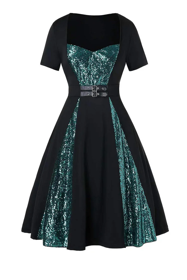 Gothic Green Party Patchwork Sequin Grommet Buckle Strap Swing Midi Dress