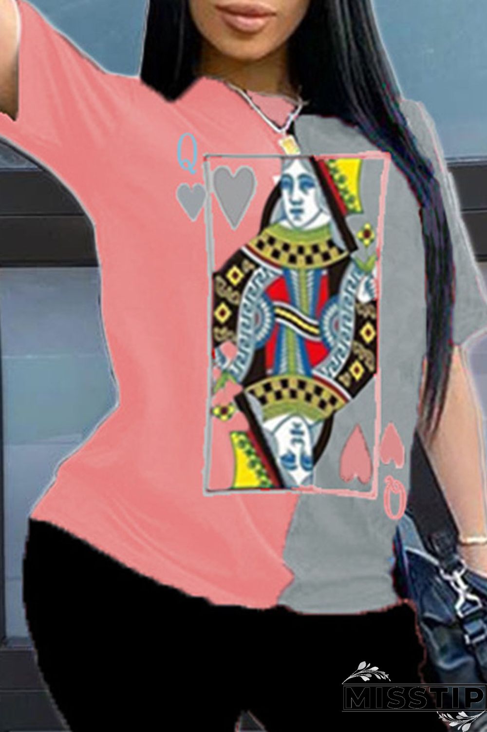 Pink gray O Neck Short Sleeve Print Tops（Without Bottoms）