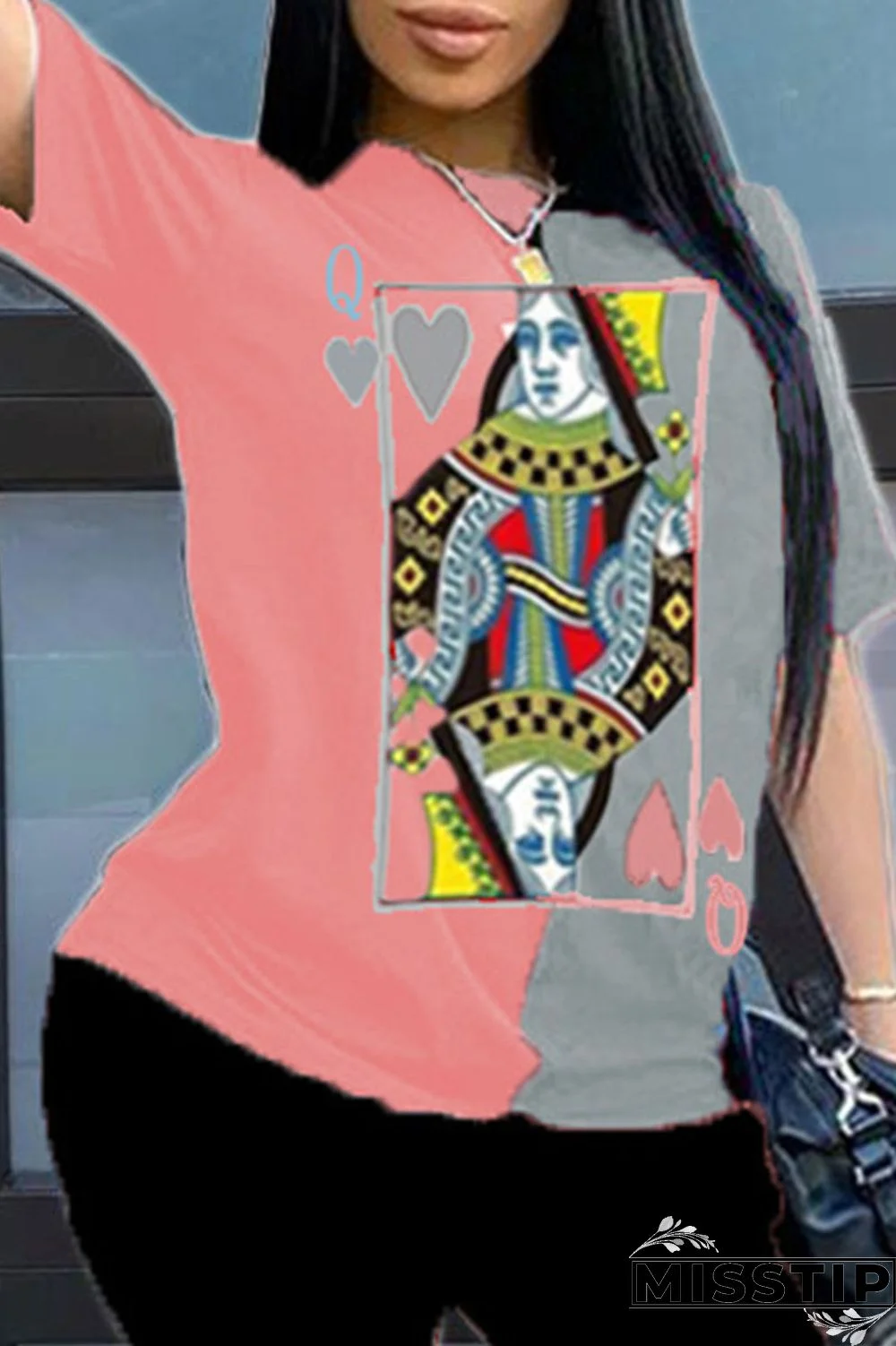 Pink gray O Neck Short Sleeve Print Tops（Without Bottoms）