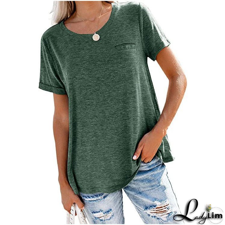 Multicolor Round Neck Short-Sleeved T-Shirt with Loose Fit and Pocket