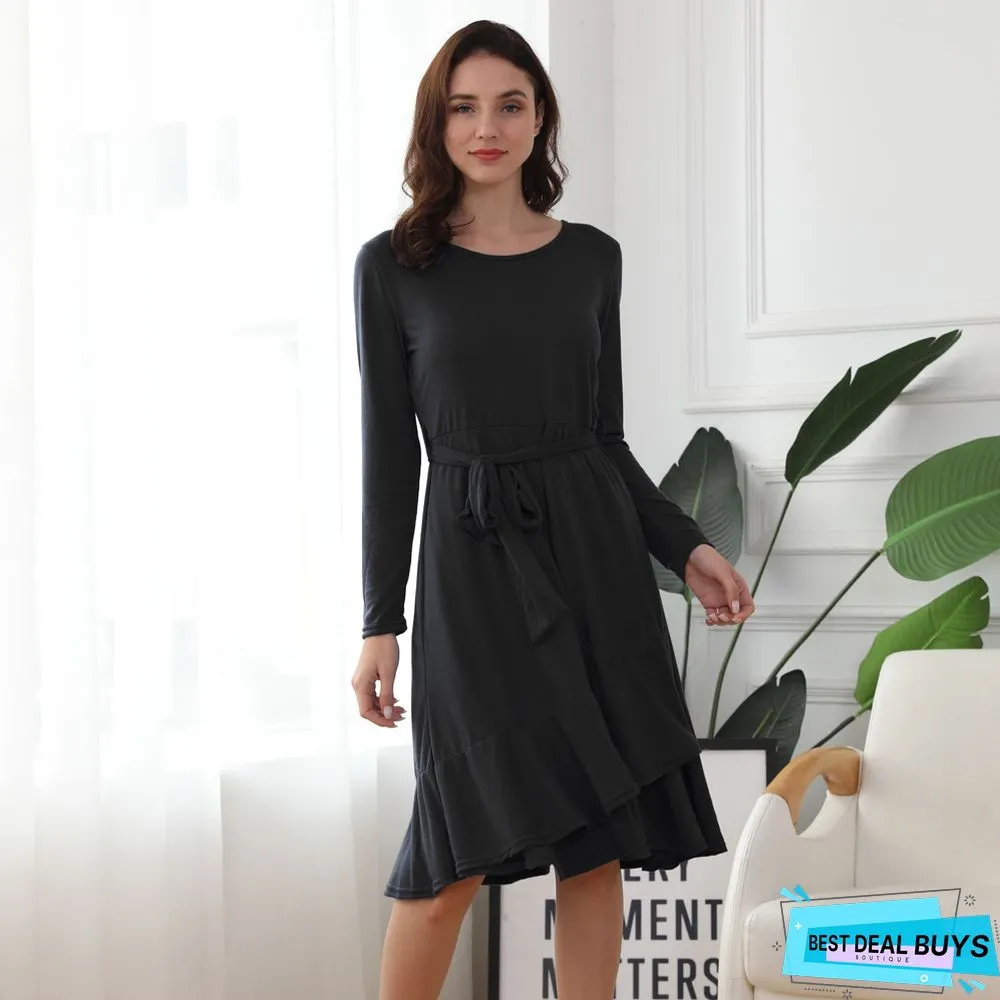 Solid Color Round Neck Ruffled Lace Dress
