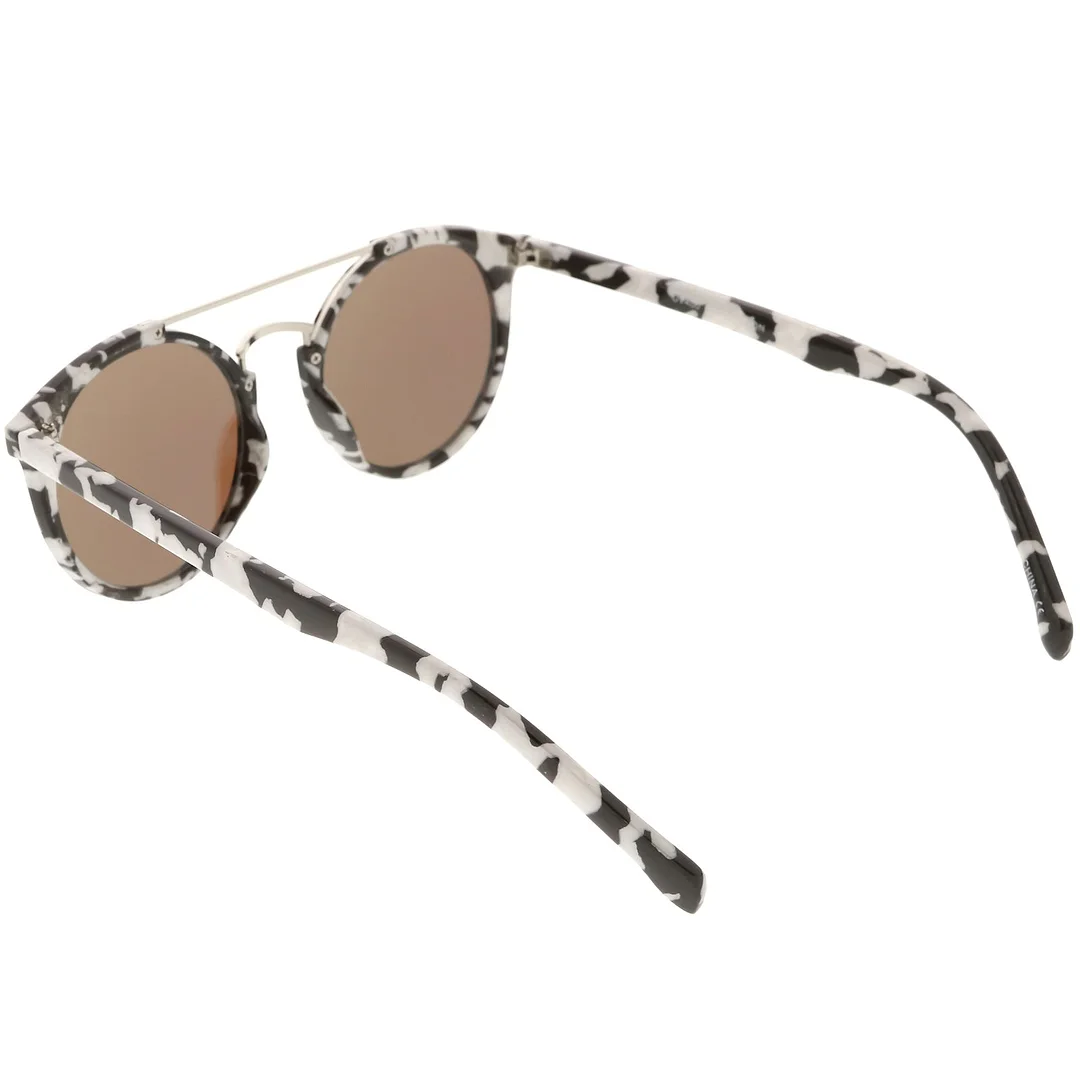 Modern Horn Rimmed glasses Marble Print Double Crossbar Round Flat Lens 50mm