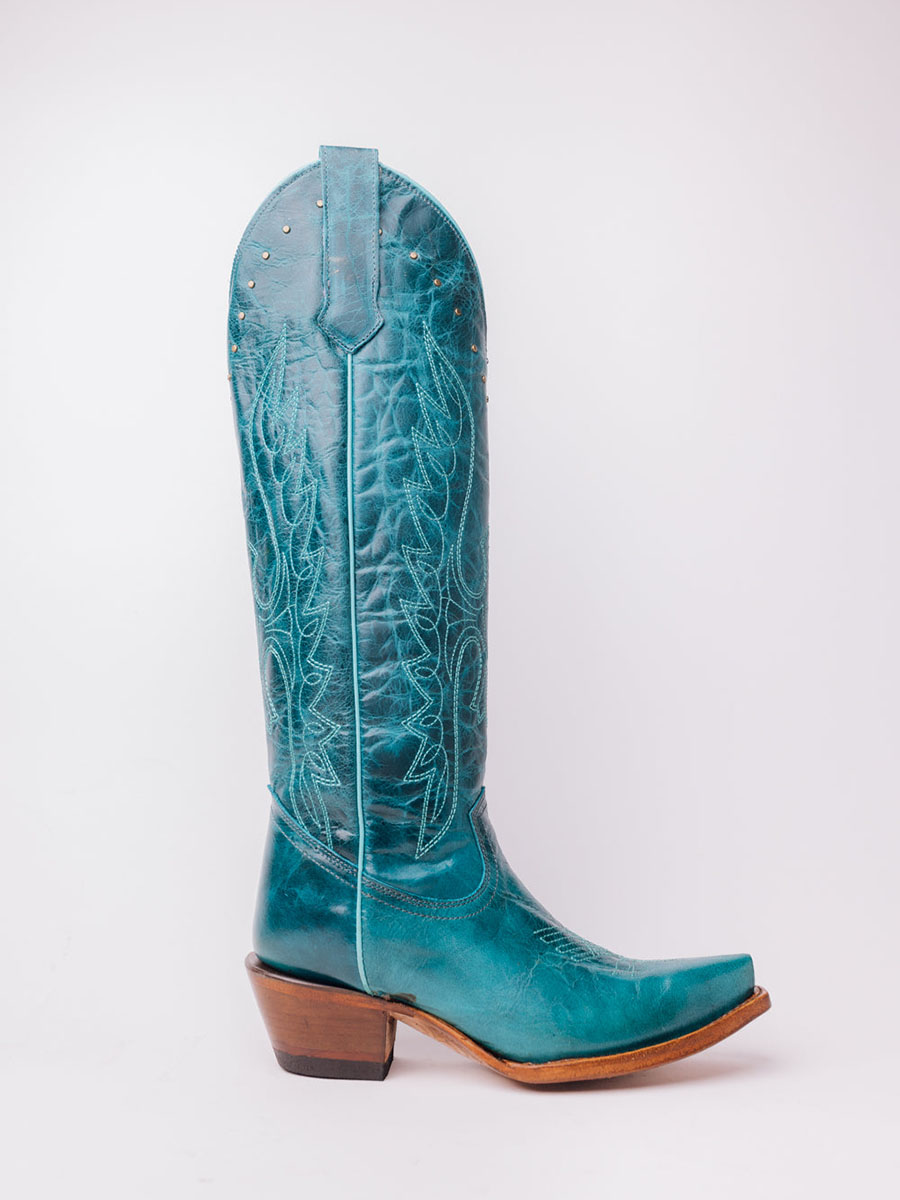 Turquoise Snip Toe Embroidered Studded Knee Cowboy Boots for Women