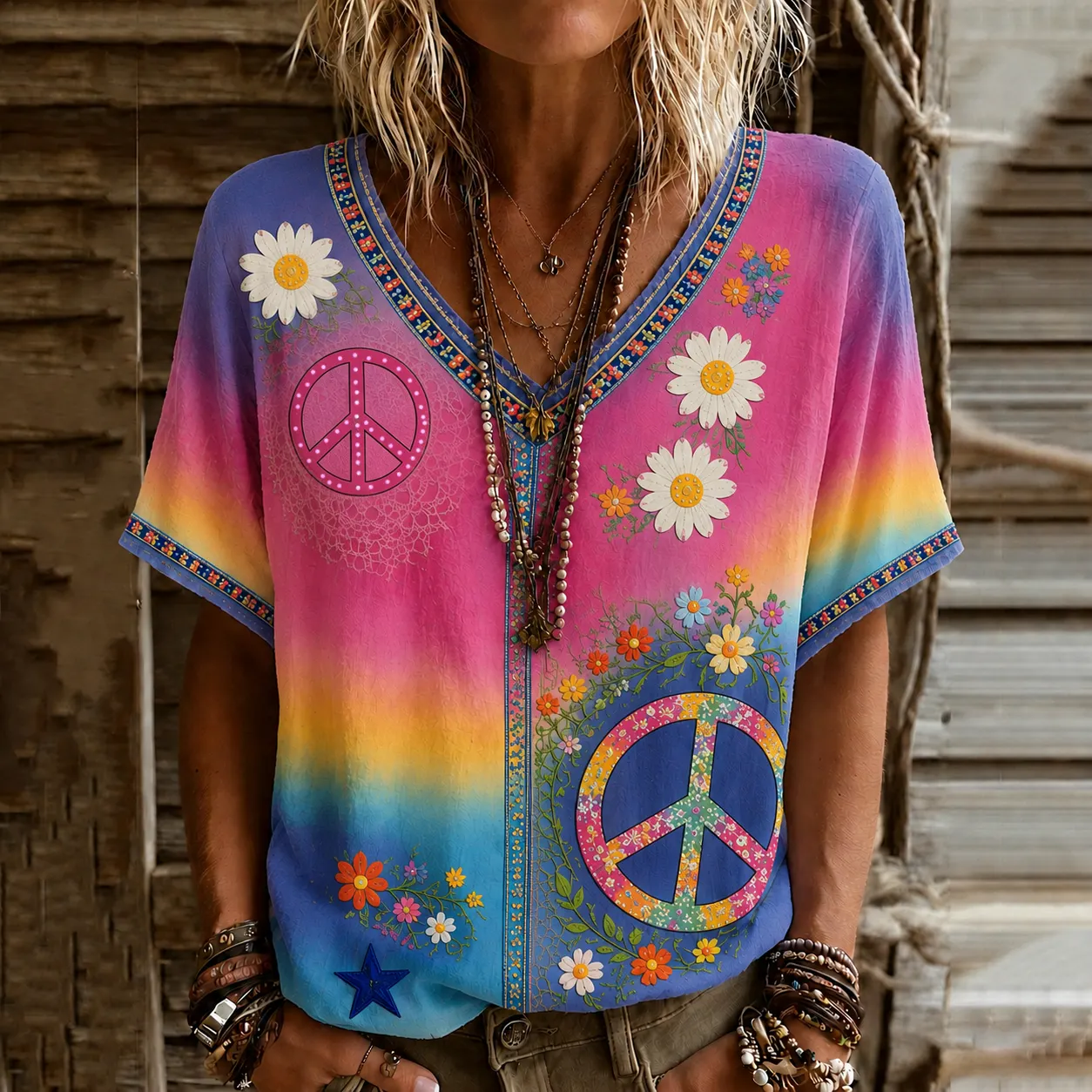 Comstylish Women's Vintage Hippie Floral Patchwork Art Linen Blend Short Sleeve Tops