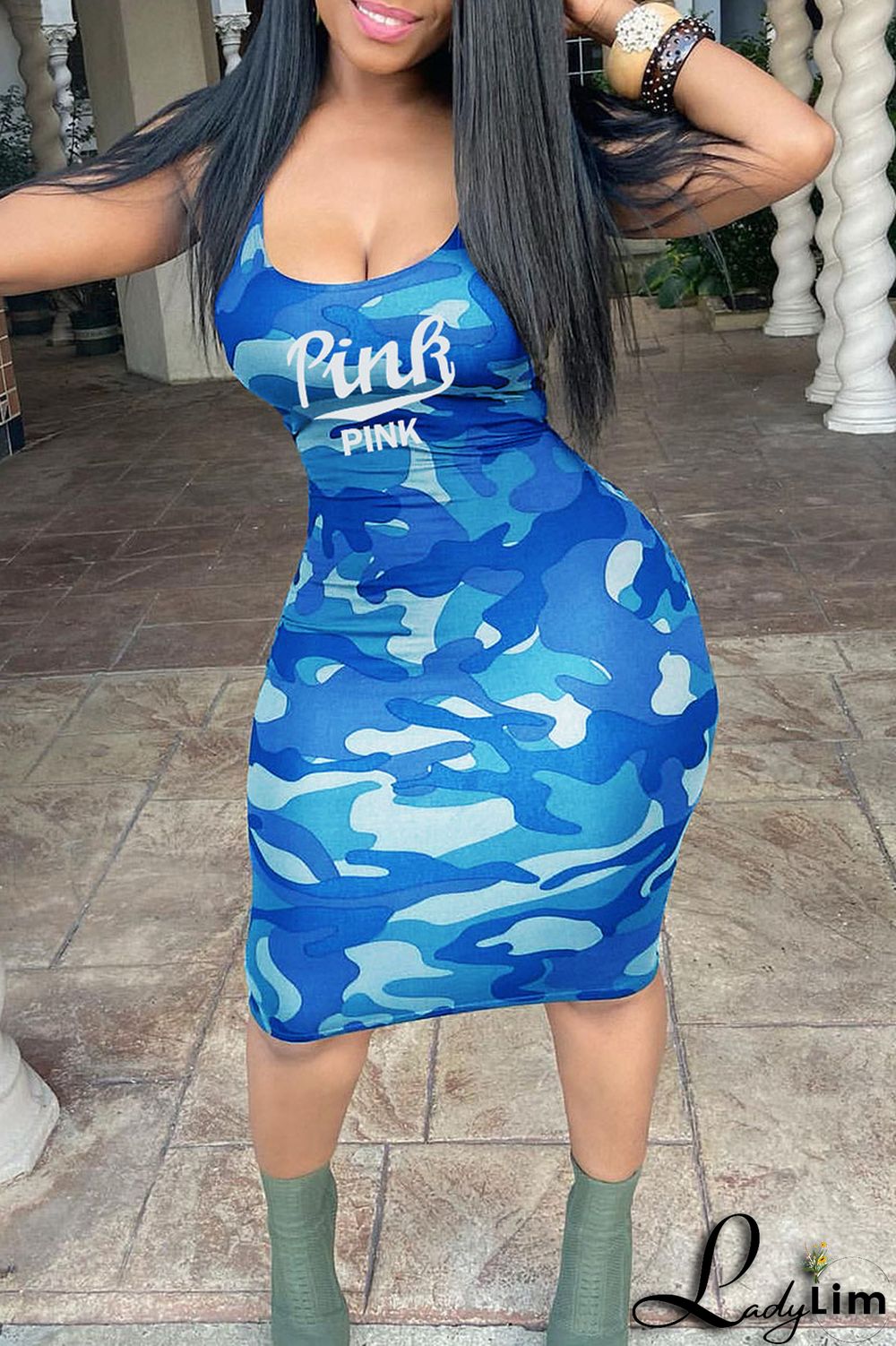Grey Sexy Print Camouflage Print Patchwork U Neck One Step Skirt Dresses