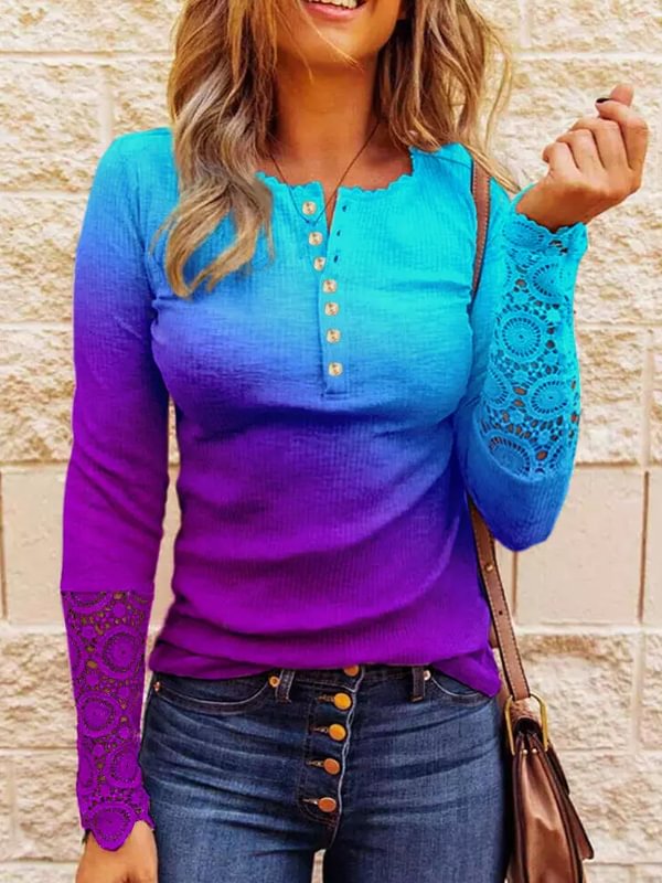 Gradient Lace Splicing Button Long Sleeve Blouse