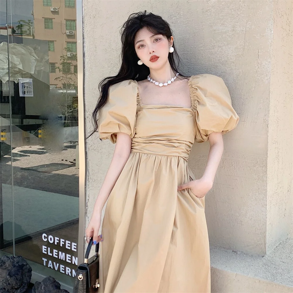 Jangj Alien Kitty Khaki Dress Women Party Summer Chic Elegant Puff Sleeve Stylish Solid New Slim High Waist Casual Office Lady Hot