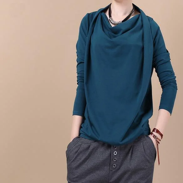 Blue cotton piles collar long sleeve sweaters