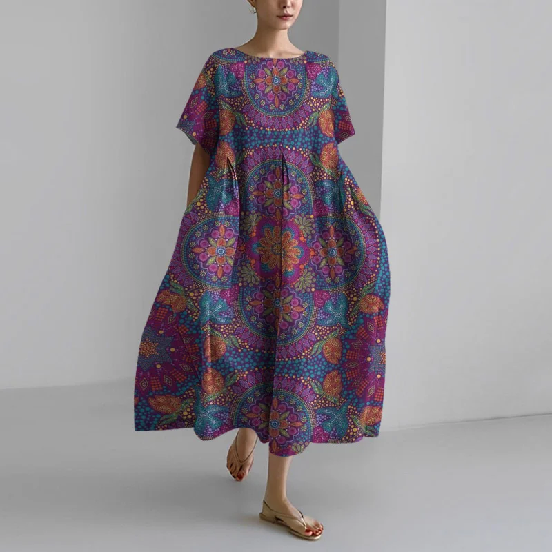 Vintage Ethnic Print Short Sleeve Loose Midi Dress