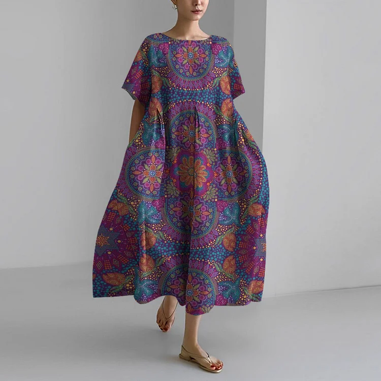 Comstylish Vintage Ethnic Print Short Sleeve Loose Midi Dress