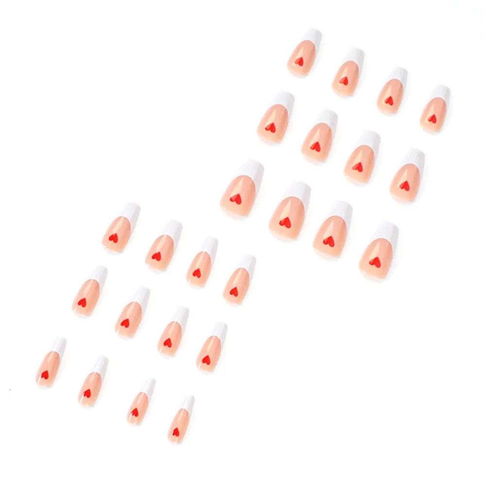 24pcs Point Head False Nails Tips Press On Nail with Heart Print Design Girl DIY Nail Patch Removable French Style Fake Nails-Nail Inspo