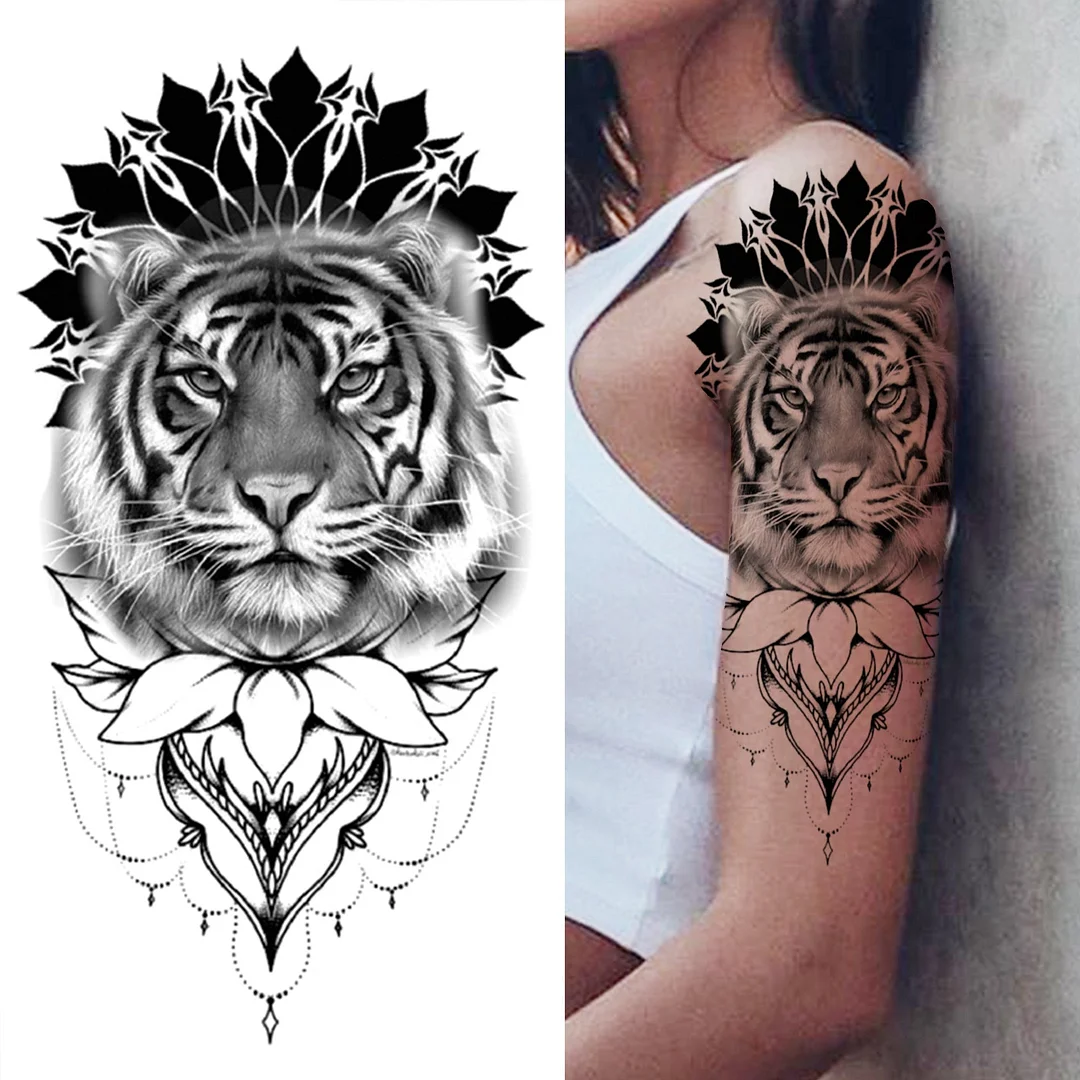 Forest Tiger Temporary Tattoos For Men Women Kids Lion Skull Cross Tattoo Sticker Black Compass Skeleton Tatoos Leg Thigh 924-1