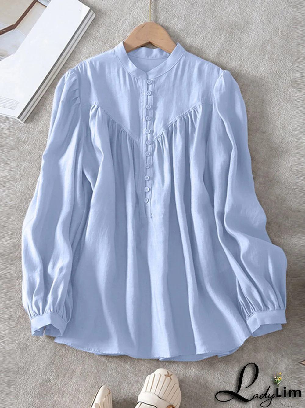 Solid Button Front Stand Collar Long Sleeve Blouse