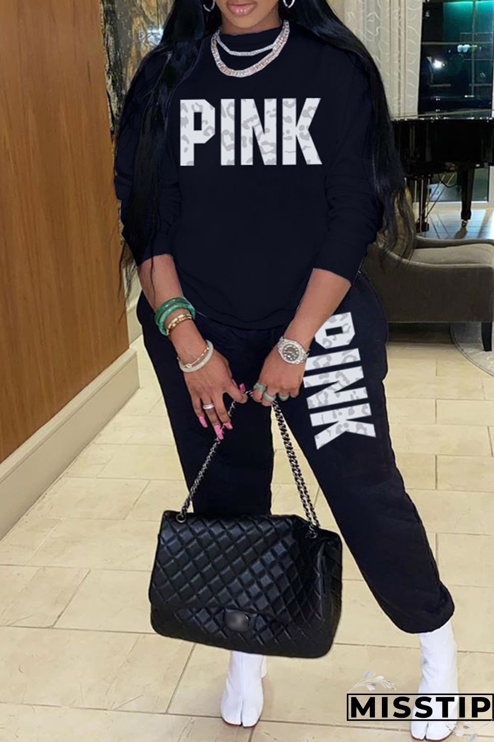 Blue Casual Letter Print Patchwork O Neck Long Sleeve Two Pieces