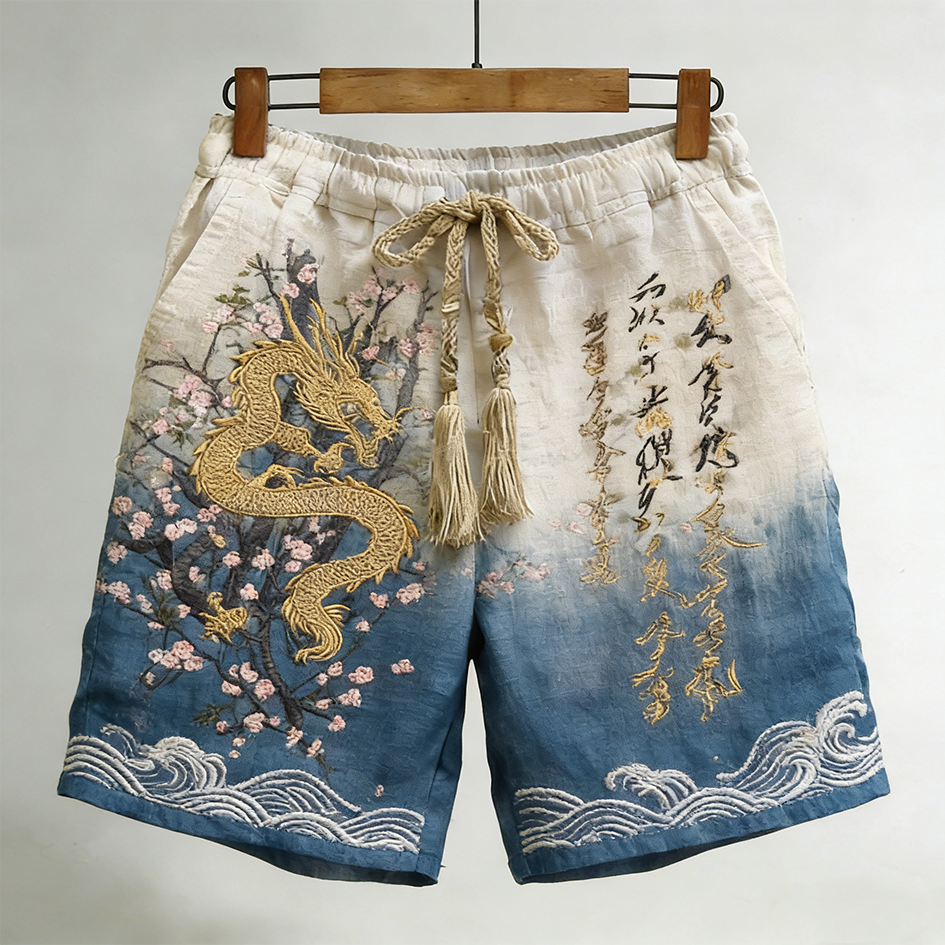 Japanese Art Retro Pattern Clash Color Design Men's Casual Linen Shorts elevenforest