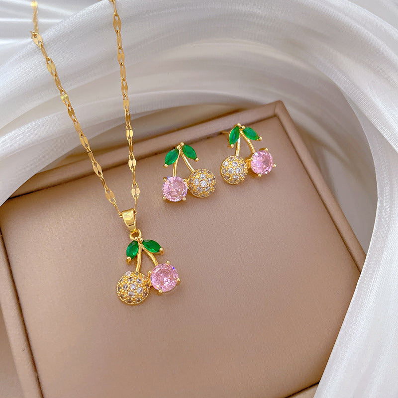 Cherry Pink Diamond Small Fresh Micro-Inlaid Real Gold Necklace Earrings Ins Clavicle Chain Accessories Set