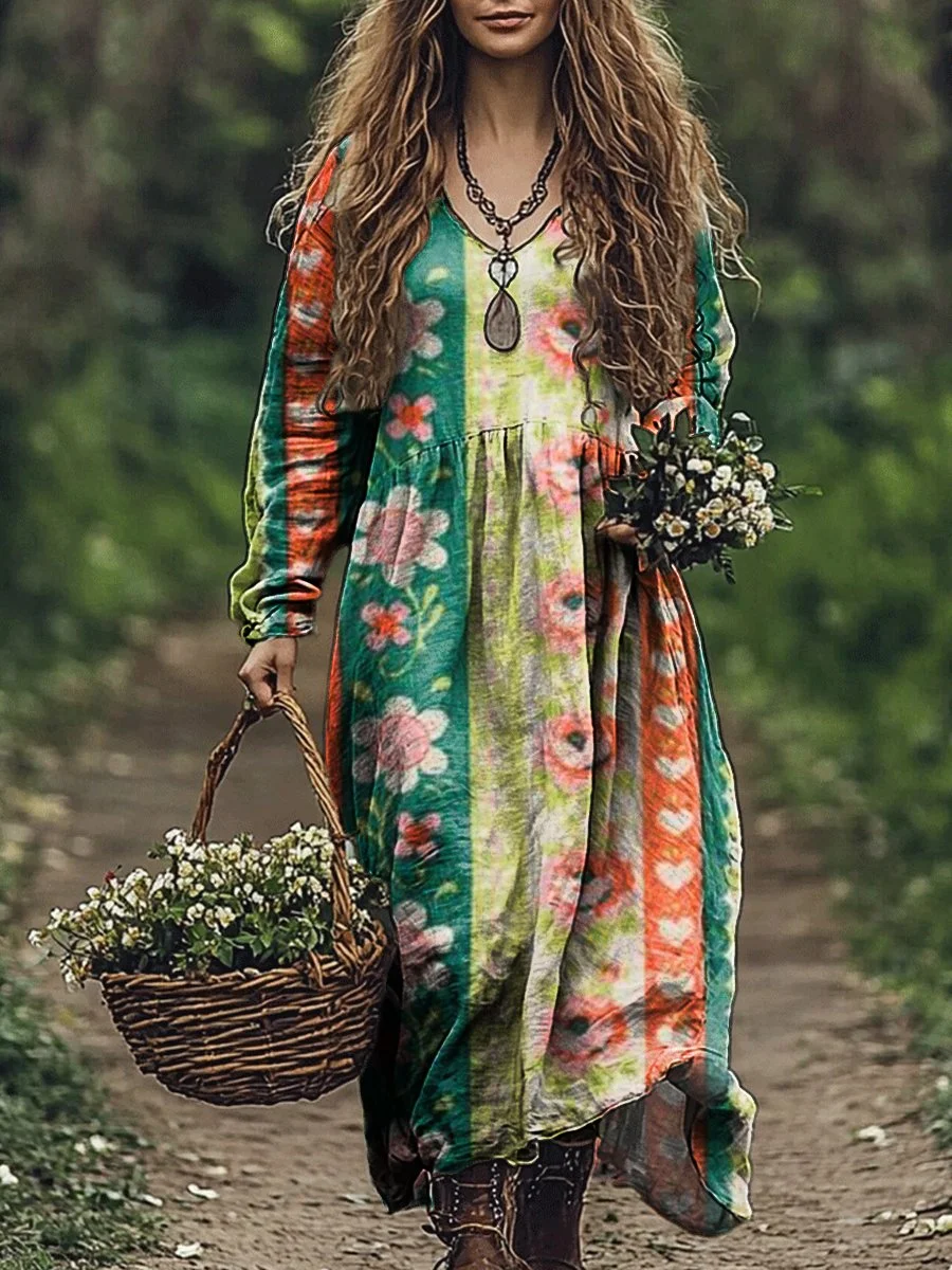 Women's Floral Patchwork Pattern Print Pocket Cotton V Neck Long Sleeve Dress
