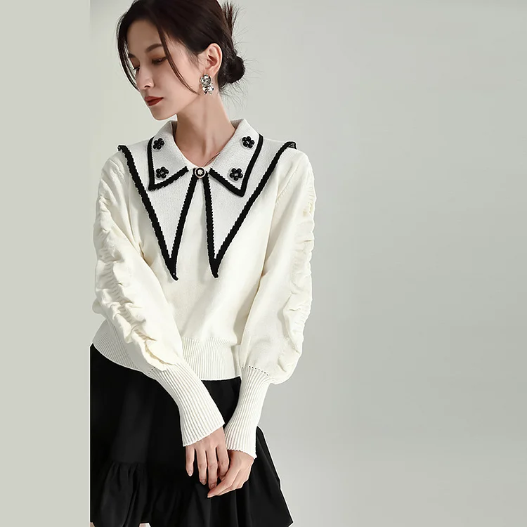 Original Design Splicing Doll Collar Knitted T-Shirt - yankia