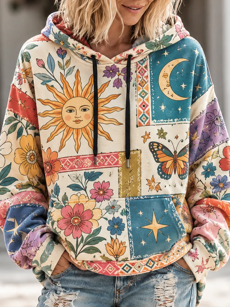 Comstylish Women's Bohemian Patchwork Sun, Moon, Butterfly & Floral Print Hoodie