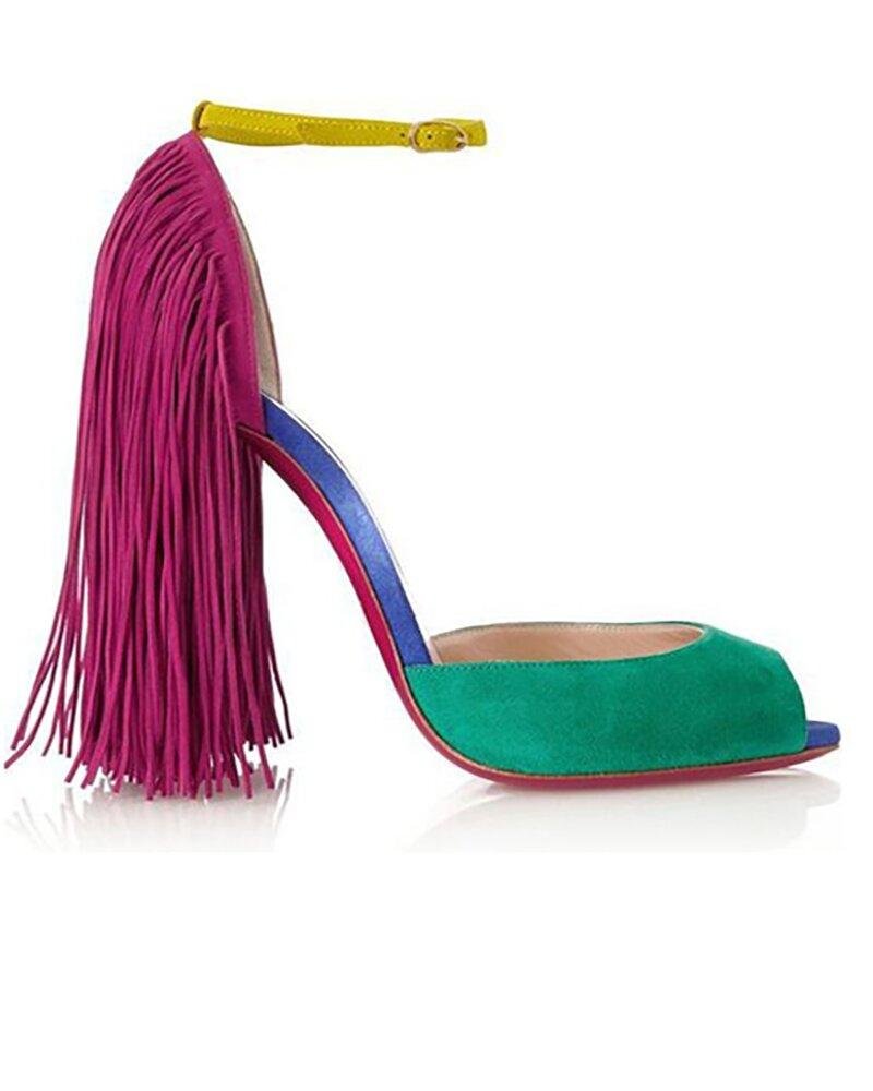 Colorblock Fringed Fish Mouth High Heels