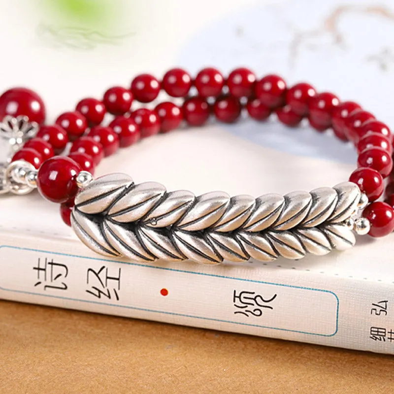 Silver Cinnabar Wheat Pattern Blessing Bracelet