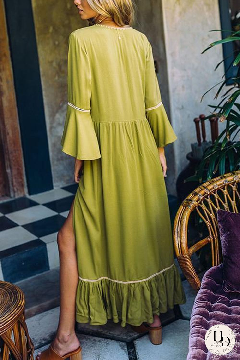 Embroidery Flares Sleeve Maxi Dress