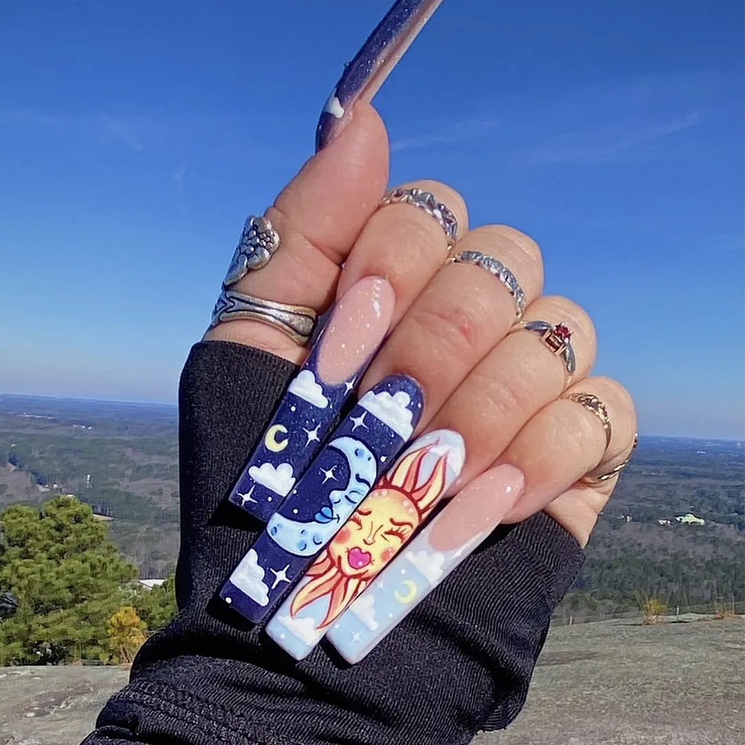 Churchf Ballet Nail Blue Sun Moon French Fake Nails Light Pink Fairy Ins Wind Nail Piece Removable