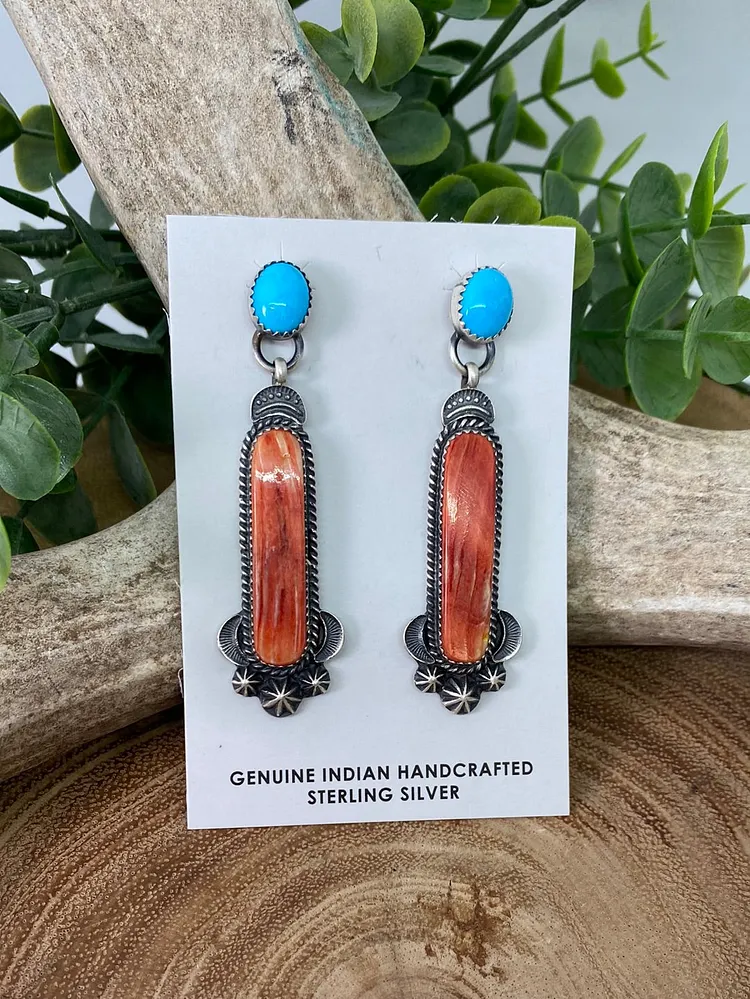 Colony Sterling Earrings Turquoise Post With Orange Spiny Drop - 2.5"
