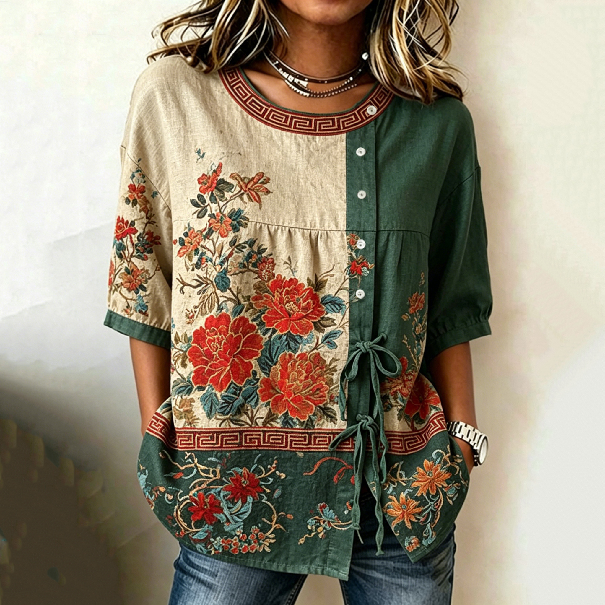 Comstylish Women's Vintage Floral Pattern Tie-front Shirt