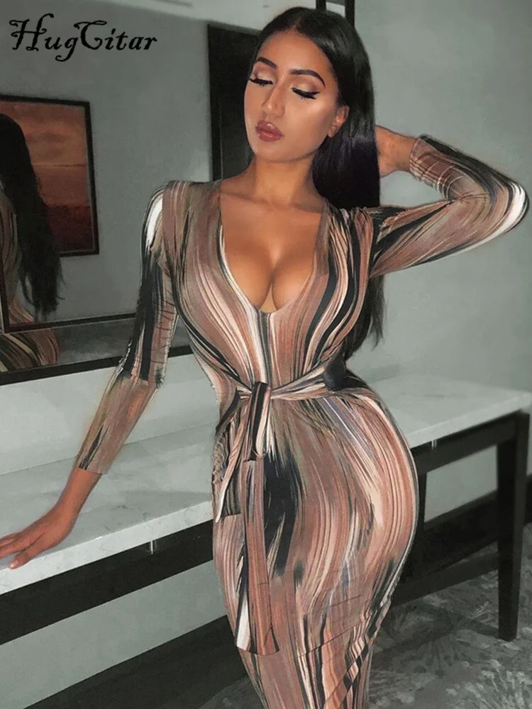 Hugcitar Long Sleeve Print V-Neck Bandage Sexy Long Dress 2021  Autumn Winter Women Christmas Party  Elegant Outfits Streetwear