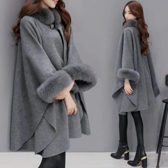 S-5XL Plus Size Fake Fur Coat Bat Sleeve Warm Long Cloak SP16829