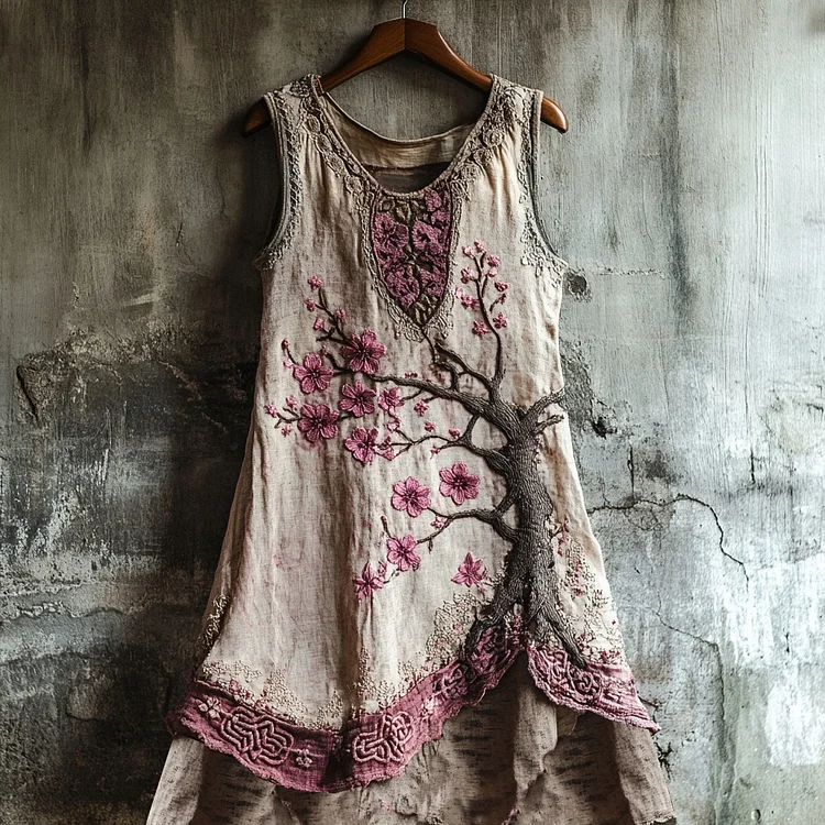 Women's Cherry Blossom Embroidery Lace Patchwork Art Linen Tank Dress
