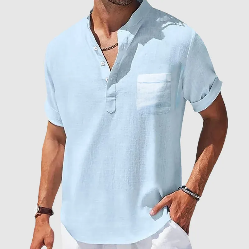 Men's Cotton Henley Shirt &ndash; Breathable Casual Summer Top &ndash; Light Blue