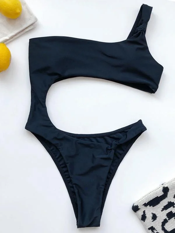 One-Shoulder Solid Color Hollow One-Piece Swimwear