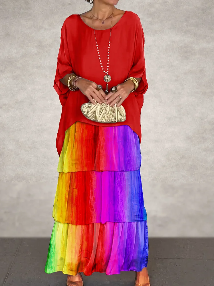Women's Rainbow Art Print Elegant Chiffon Cake Skirt