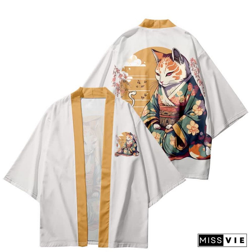Vintage Cat Warriors Print Cardigan Kimono Outerwear
