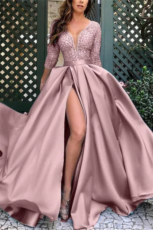 Daisda Elegant Deep V Neck 3/4 Sleeves Satin Prom Dress Long Split with Lace 