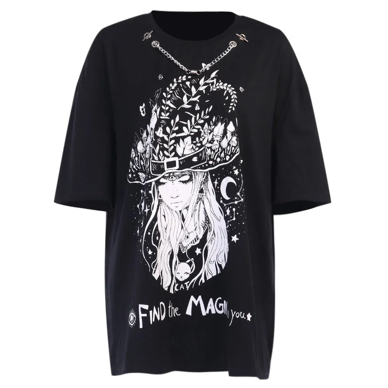 InsGoth Vintage Oversized T-shirts Gothic Swith Print Loose Women Black Top T-shirt Streetwear Casual O-neck Punk Long Tops