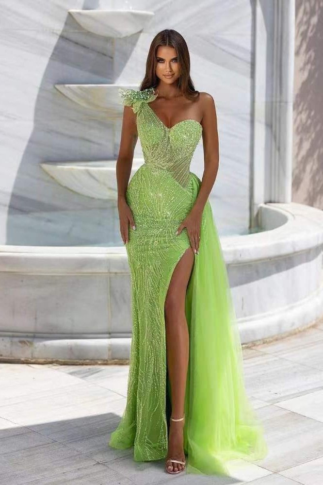 Charming Light Green Mermaid Sweetheart Evening Dress Beadings With One Shoulder | Ballbellas Ballbellas