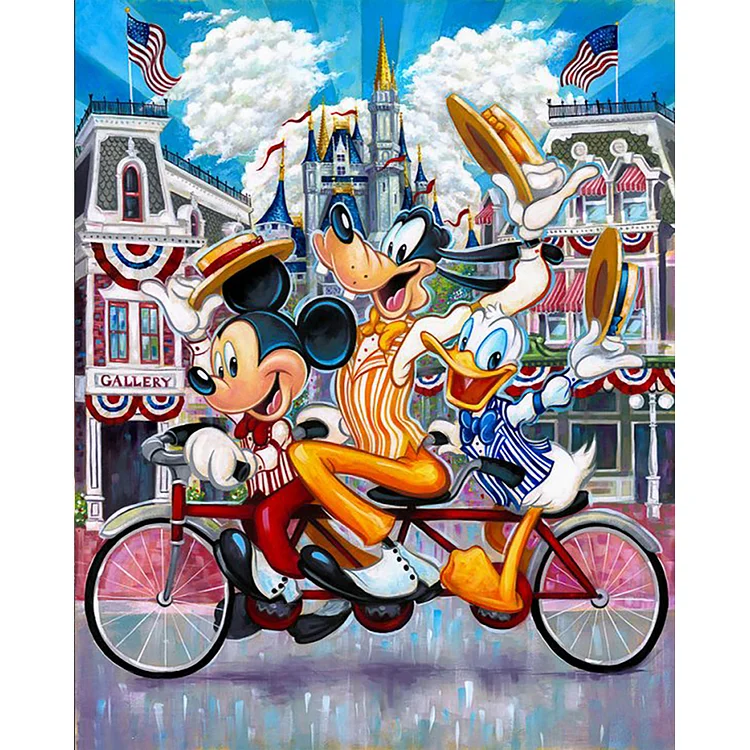 Full Round Diamond Painting - Disney Mickey Goofy Donald Duck Trio Bike 40*50CM