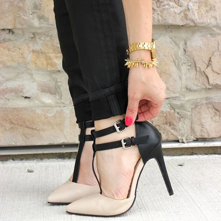 Black and Nude Pointy Toe T-Strap Agraffe Heels Shoes Vdcoo