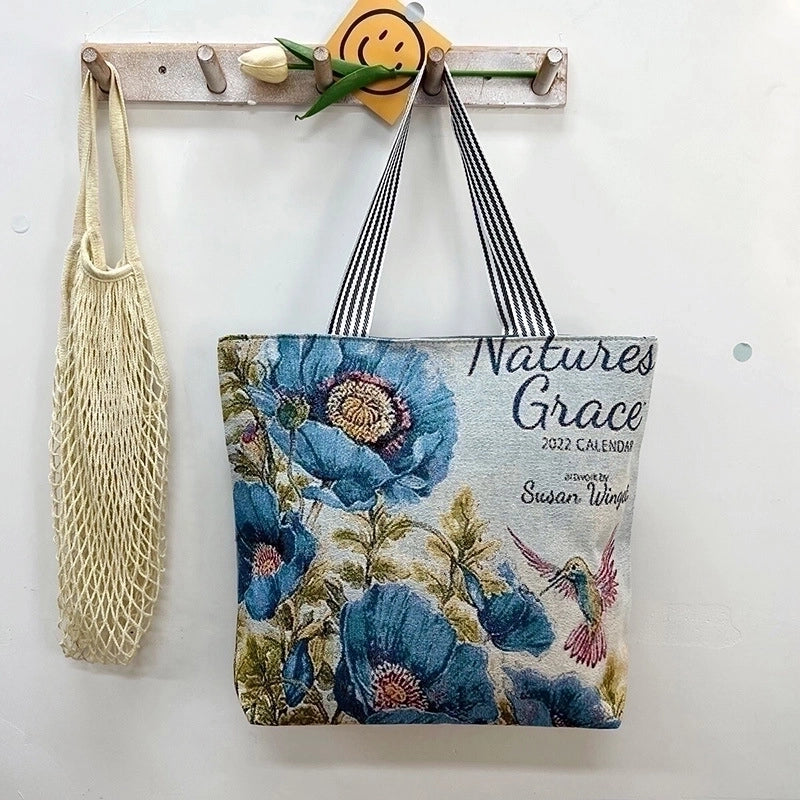 Unisex Vintage Style Cat Flower Canvas Shopping Bags