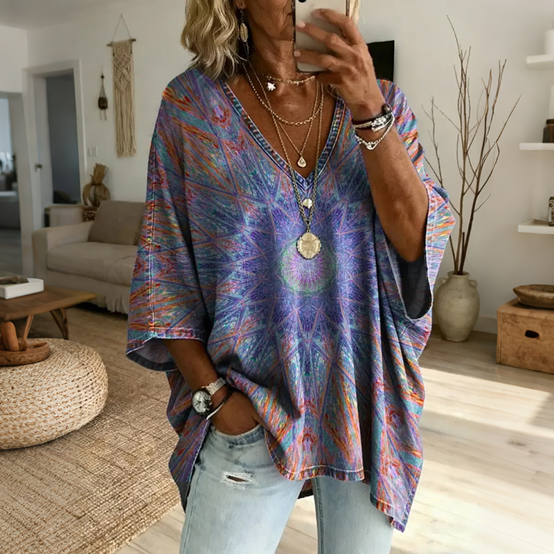 Ethnicity Retro Geometry Kaleidoscope Women's Art Print Casual Top elevenforest
