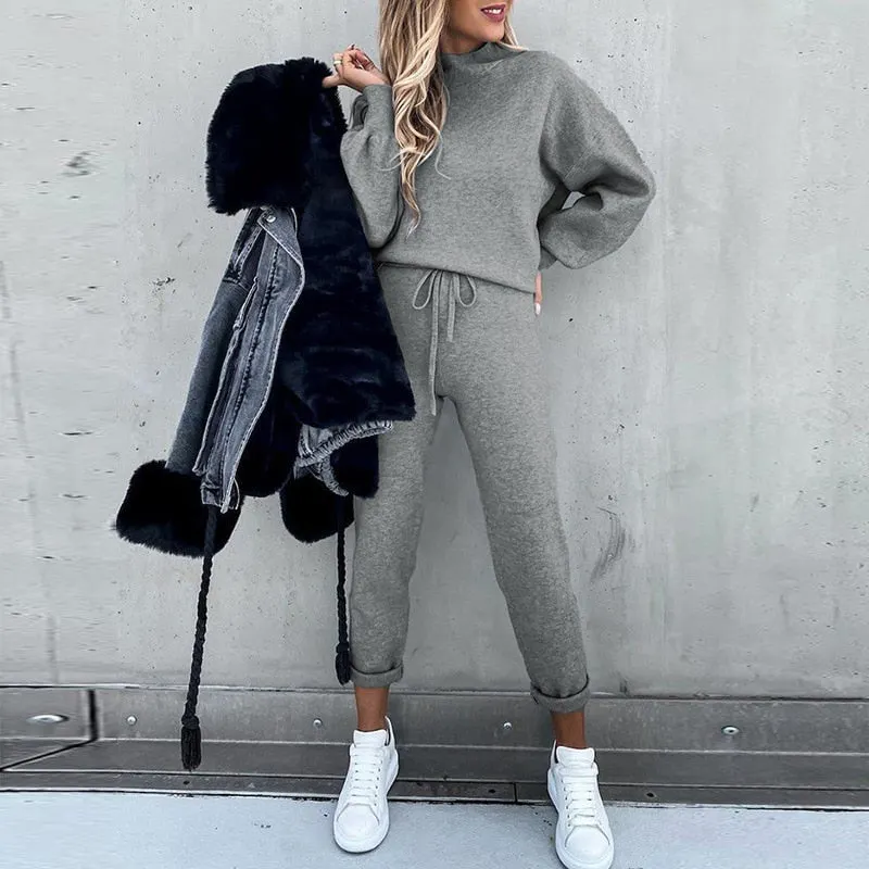 2021 autumn and winter women's sweater suit new high-neck casual solid color trousers pocket two-piece suit