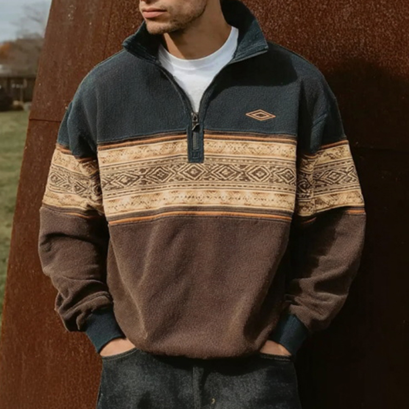 Men's Loose Casual Retro College Style Half-open Collar Stitching Printed Sweatshirt
