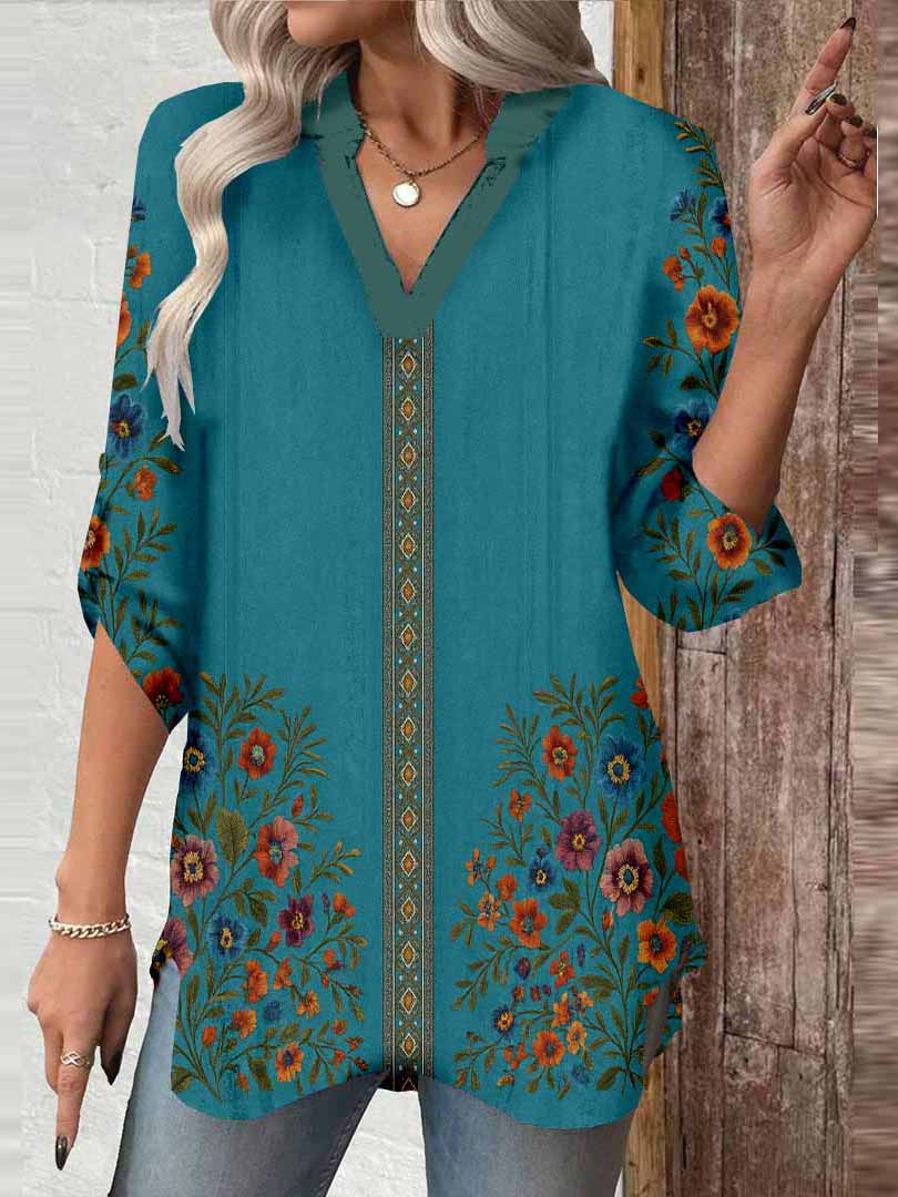 Women Floral,Blue DZGA0318 3/4 Sleeve V-neck Printed Graphic Button Tops