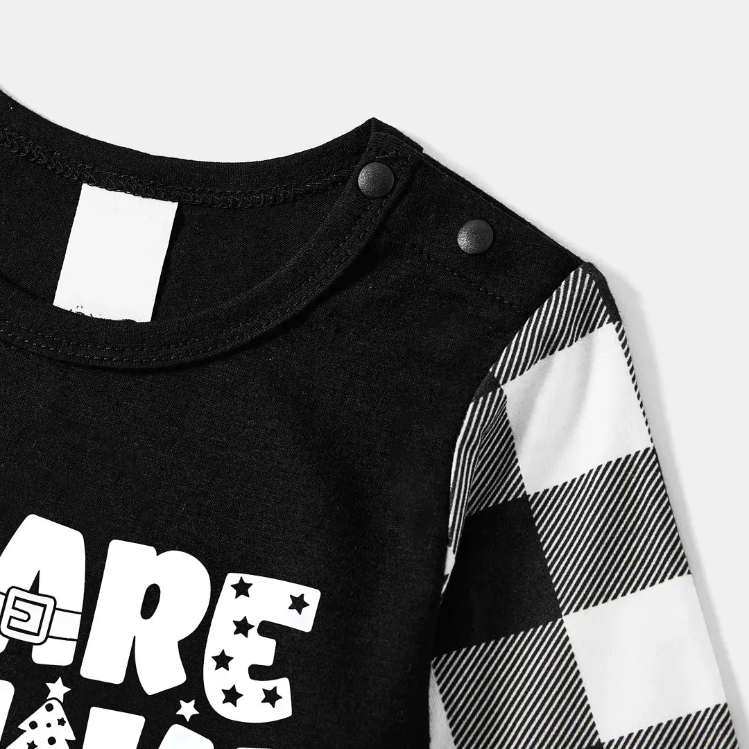 "We are Family 2024" White Letter Print Black Long Sleeve Top with Black And White Plaid Pants Family Matching Pajamas