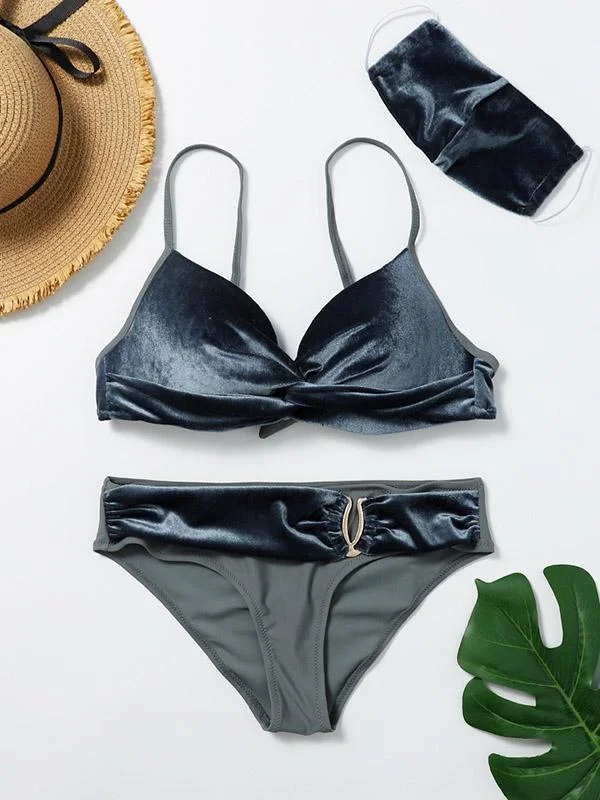 Velvet Gathered Split-Join Split Bikini Swimsuit+Mask