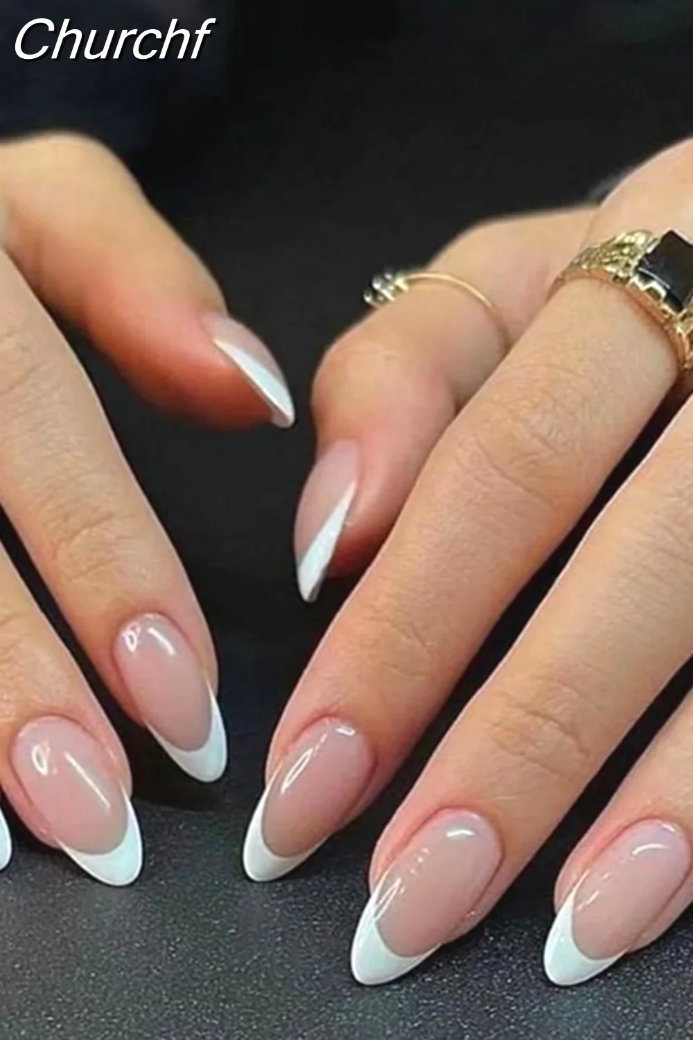 Churchf Simple False Nails Set White French Almond Fake Nails With Designs Press On Nails Manicure Full Cover Nail Tips-Nail Inspo